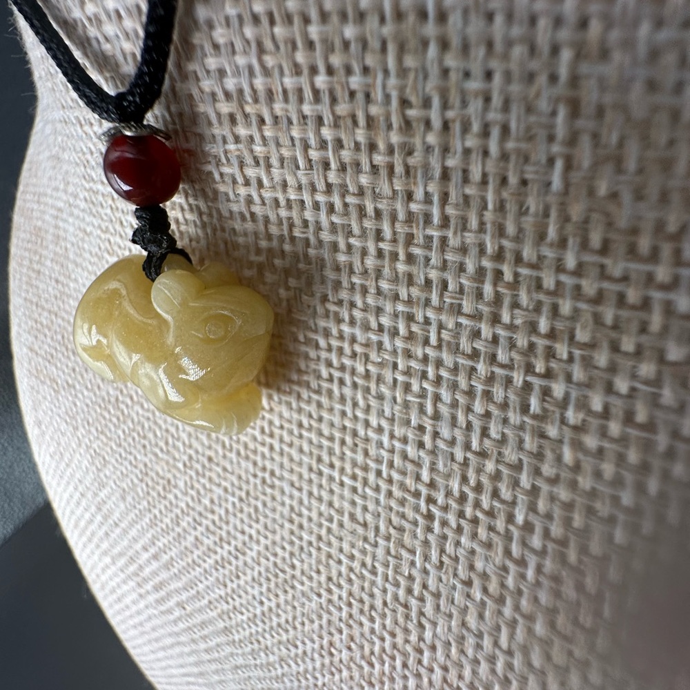 Yellow Jade Rat Carving Pendant Necklace on Black Adjustable Rope - Picture 7 of 16